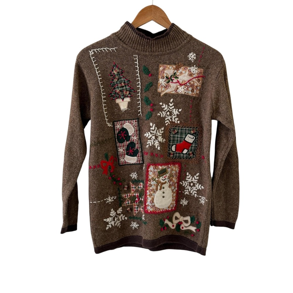 Vintage Christmas Patchwork Sweater Womens L Brown Snowman Tree Ugly Plaid